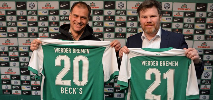 Werder-Geschäftsführer Klaus Filbry (l.) und Henner Höper von AB InBev wollen weitere fünf Jahre Partner sein.