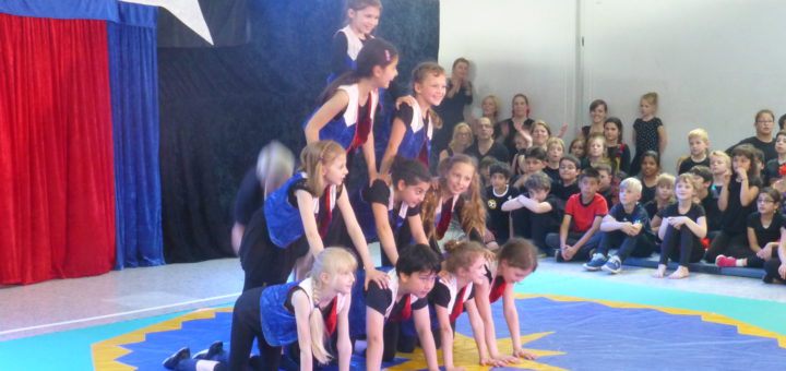 Die kleinen Akrobaten der Grundschule an der Düsseldorfer Straße präsentierten ihre neu erlernten Künststücke einem begeisterten Publikum. Foto: pv