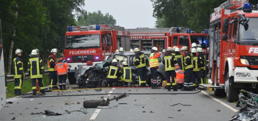 Rettungskräfte am Unfallort an der B215. Foto: Polizei Verden