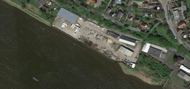 Das Gelände der ehemaligen Sarstedt-Werft. Luftbild: Google Earth