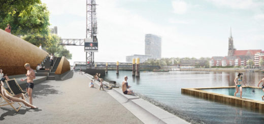 Einer der am besten bewerteten Entwürfe sieht sogar einen Pool auf der Weser vor. Bild: Loidl / Freie Hansestadt Bremen - Senator für Umwelt, Bau und Verkehr