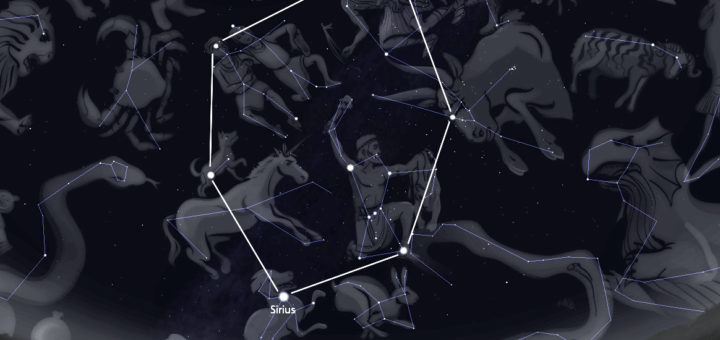 Das Wintersechseck mit dem hell leuchtenden Stern Sirius ist eine der Besonderheiten am nächtlichen Dezemberhimmel.Gestaltung: Vogel/Olbers-Planetarium