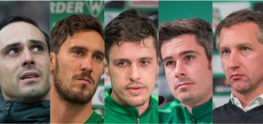 Alexander Nouri, Santiago Garcia, Zlatko Junuzovic, Fina Bartels und Frank Baumann (v.l.) - Gesichter des Niedergangs von Werder. Foto: nph