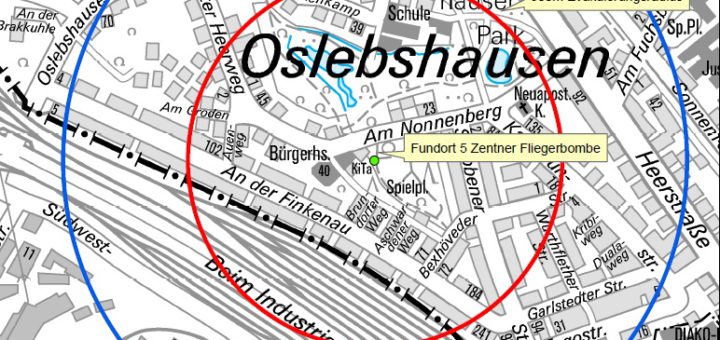 Alle Haushalte im rot markierten Bereich müssen während der Bombensprengung evakuiert werden. Foto: Polizei Bremen