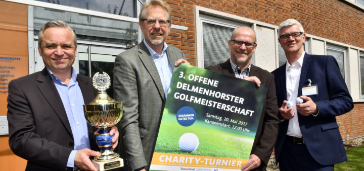 Thomas Niekau, Hans-Ulrich Salme, Thomas Schaaf und Andreas Dröder (v.l.) werben für die die bereits dritte Ausgabe des Delmenhorster Golf-Charity-Turniers am 20. Mai.Foto: Konczak