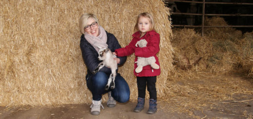 Martina Warnken lässt die dreijährige Janna eine erst vor Tagen geborene Ziege streicheln. Der Huxfeld-Hof hat sich als „KinderFerienLand“-Betrieb zertifizieren lassen, die Bauernfamilie bereitet sich gerade auf die neue Saison vor. Foto: Möller