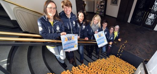 Die Vorbereitungen für das Delmenhorster Entenrennen im Mai laufen bereits – zumindest die Treppen des Rathauses haben die gelben Meisterschwimmer schon mit Hilfe der Damen aus dem Lions-Club erklommen.Foto: Konczak