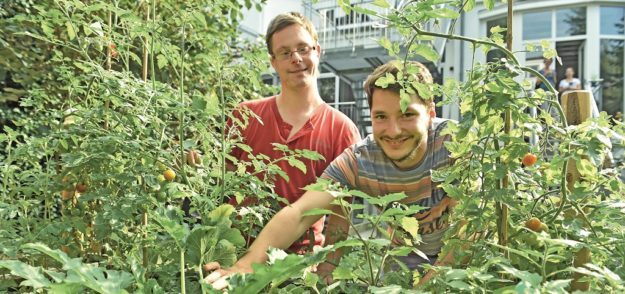 Im Garten haben die Bewohner ein Hochbeet angelegt, in dem Sven (l.) und Niklas (r. ) auch Tomaten und Zucchini züchten. Foto: Schlie