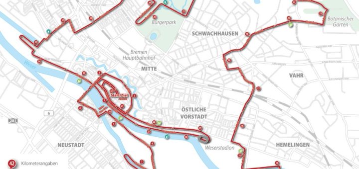 Der 15. SWB-Marathon führt vom Roland durch mehrere Bremer Stadtteile. Kartographie: Christoph Werntgen, 2019