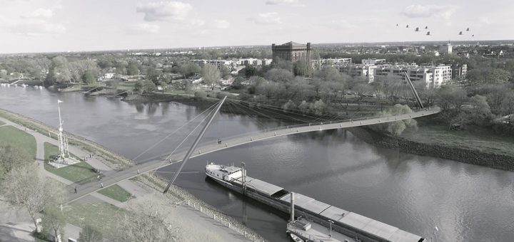 Über eine 249 Meter lange Schrägseilbrücke sollen Fußgänger und Radfahrer die Weser überqueren. Die Brücke führt vom Stadtwerder zum Altenwall. Für die Strecke von der Neustadt zum Stadtwerder ist eine Bogenbrücke geplant. Quelle: Verkehrsbehörde