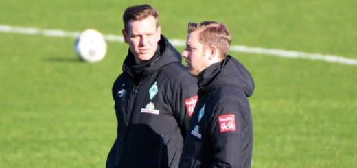 Hat in der Bundesliga mehr als 100 Spiele als Werder-Trainer bestritten: Florian Kohfeldt (rechts) mit seinem Co-Trainer Tim Borowski. Foto: Nordphoto)