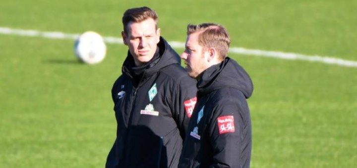 Hat in der Bundesliga mehr als 100 Spiele als Werder-Trainer bestritten: Florian Kohfeldt (rechts) mit seinem Co-Trainer Tim Borowski. Foto: Nordphoto)