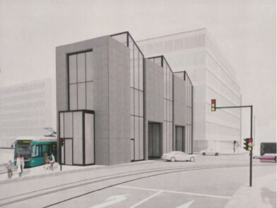 Auf dem Bild sieht man ebenfalls eine Visualisierung der Brill Kreuzung samt Bibliothek. Hier fährt allerdings die Straßenbahn nicht neben dem Gebäude sondern darunter hindurch.