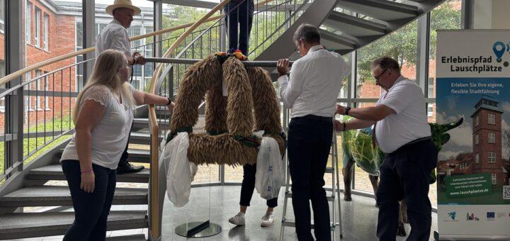 Das Erntefestekomitee hängt Jahr um Jahr eigenhändig die Erntekrone im Rathaus auf. Foto: Utke