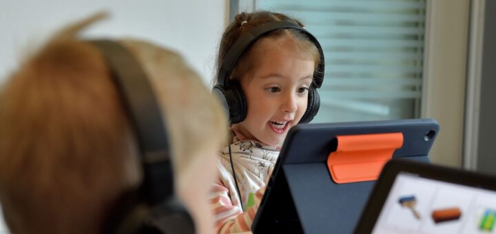 Ein Sprachtest kann auch Spaß machen. Fenja aus der Kita Charlotte Niehaus absolviert gemeinsam mit Vitali die PRIMO-Sprachstandserfassung. Foto: Schlie